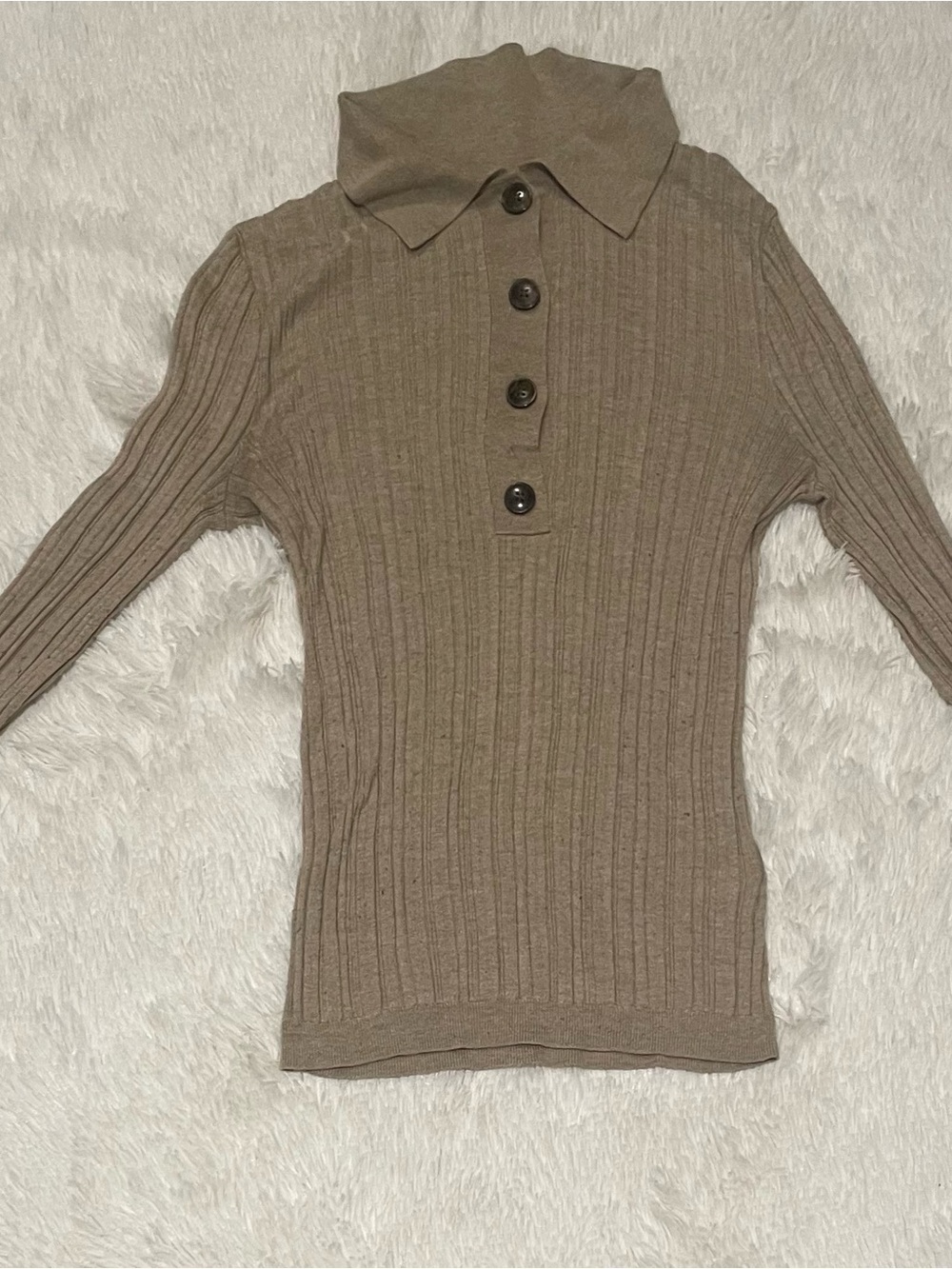 Reitmans Tan Ribbed Button-Down Polo Top - Picture 2 of 8